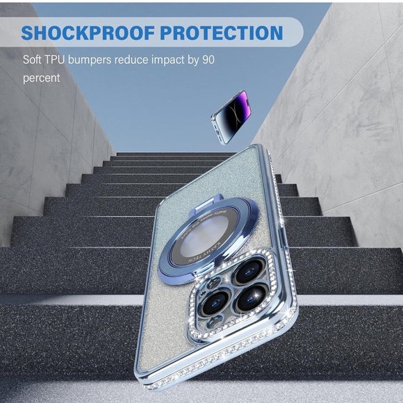 iPhone 14- Luxury Glitter Phone Case with Ring Holder - Silver and blue - Picture 4 of 8